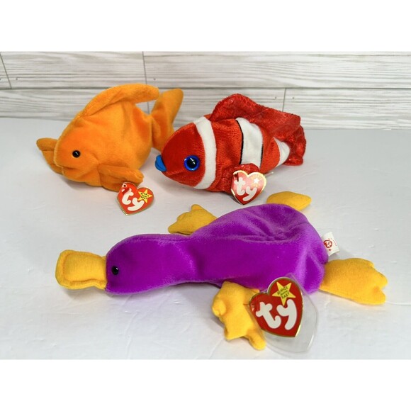 Ty Beanie Babies Lot Goldie Goldfish, Jester Clownfish, Patti Platypus - Picture 1 of 10